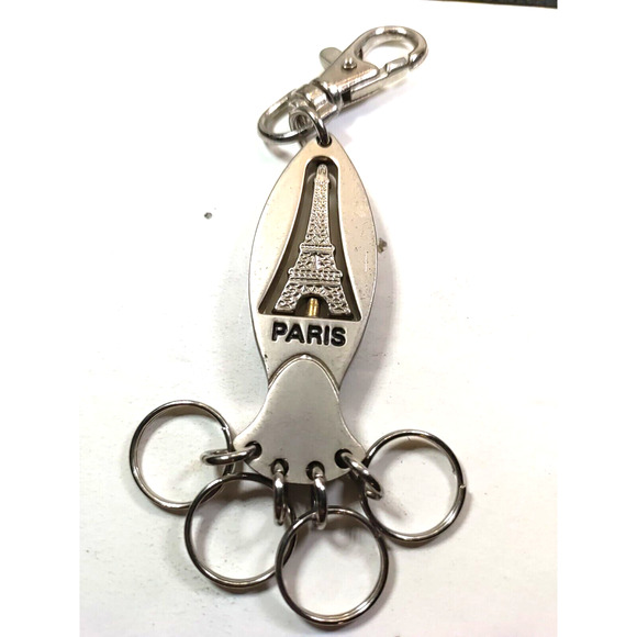 Paris Eiffel Tower Spinner Keychains Luggage Purse Clip Silver Tone - Picture 1 of 4